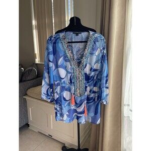 Boston Proper Women's Size L Blue Beaded Embroidered Tassel Tunic 3/4 Sleeve